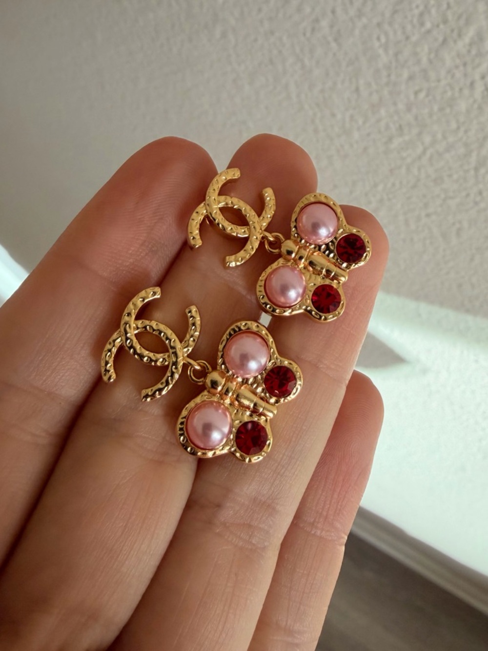 Chanel Gold CC Butterfly Drop Earrings w/ Pearl & Red Crystals - Picture 10 of 10